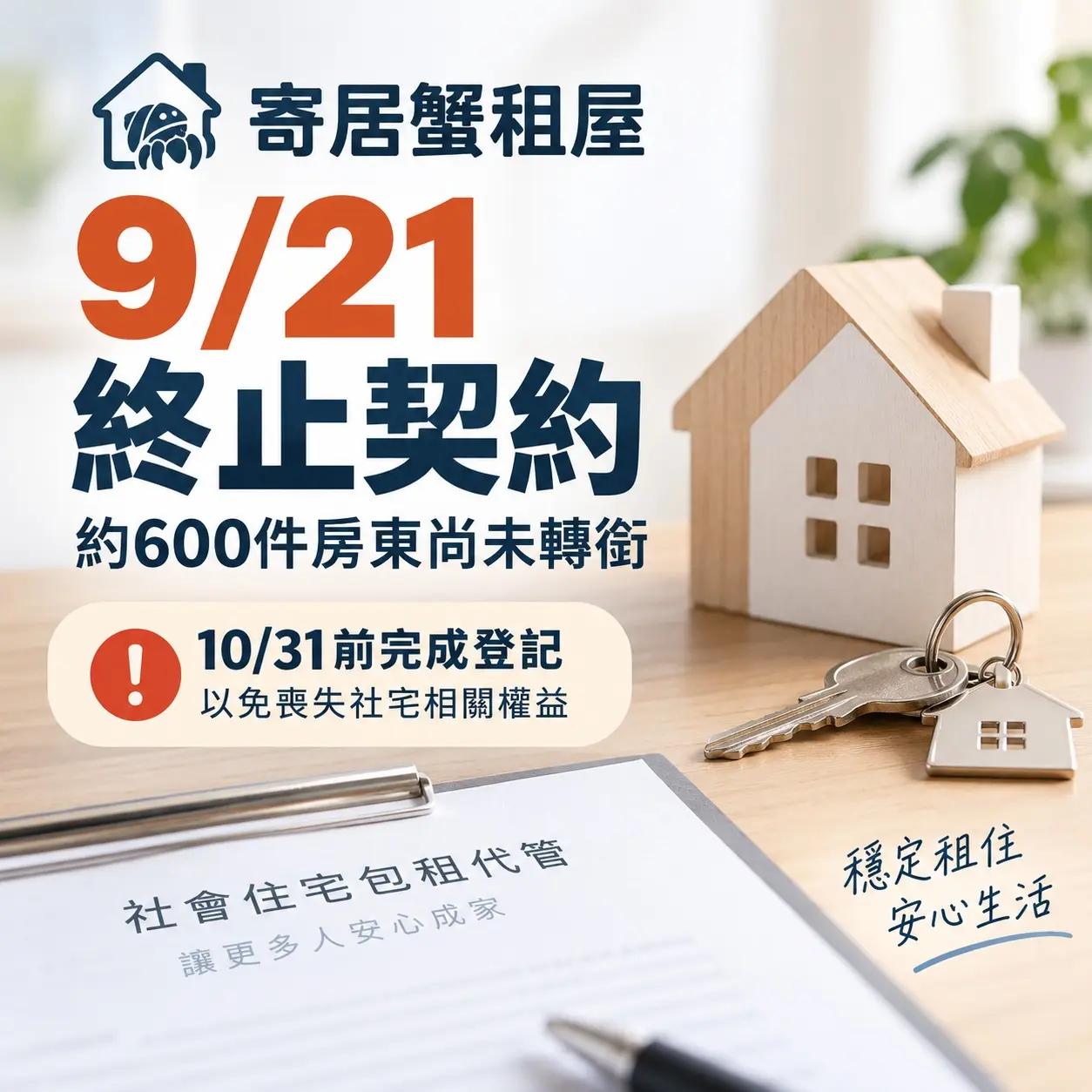 寄居蟹租屋9/21終止委託　約600件尚未轉銜　房東10月底前須完成登記