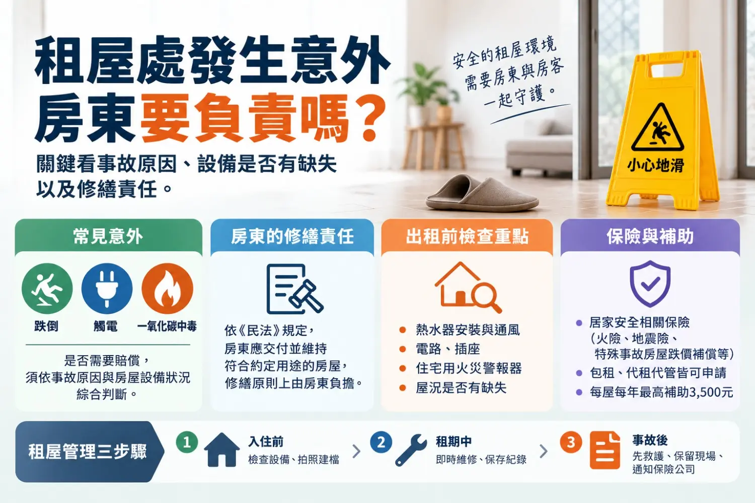 房客在租屋處意外受傷，房東一定要賠嗎？事故責任、修繕義務與保險保障解析