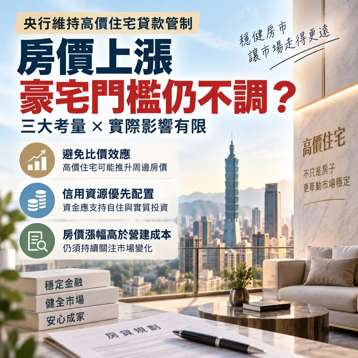 房價漲了、豪宅門檻為何不調？央行揭維持高價住宅管制3大考量