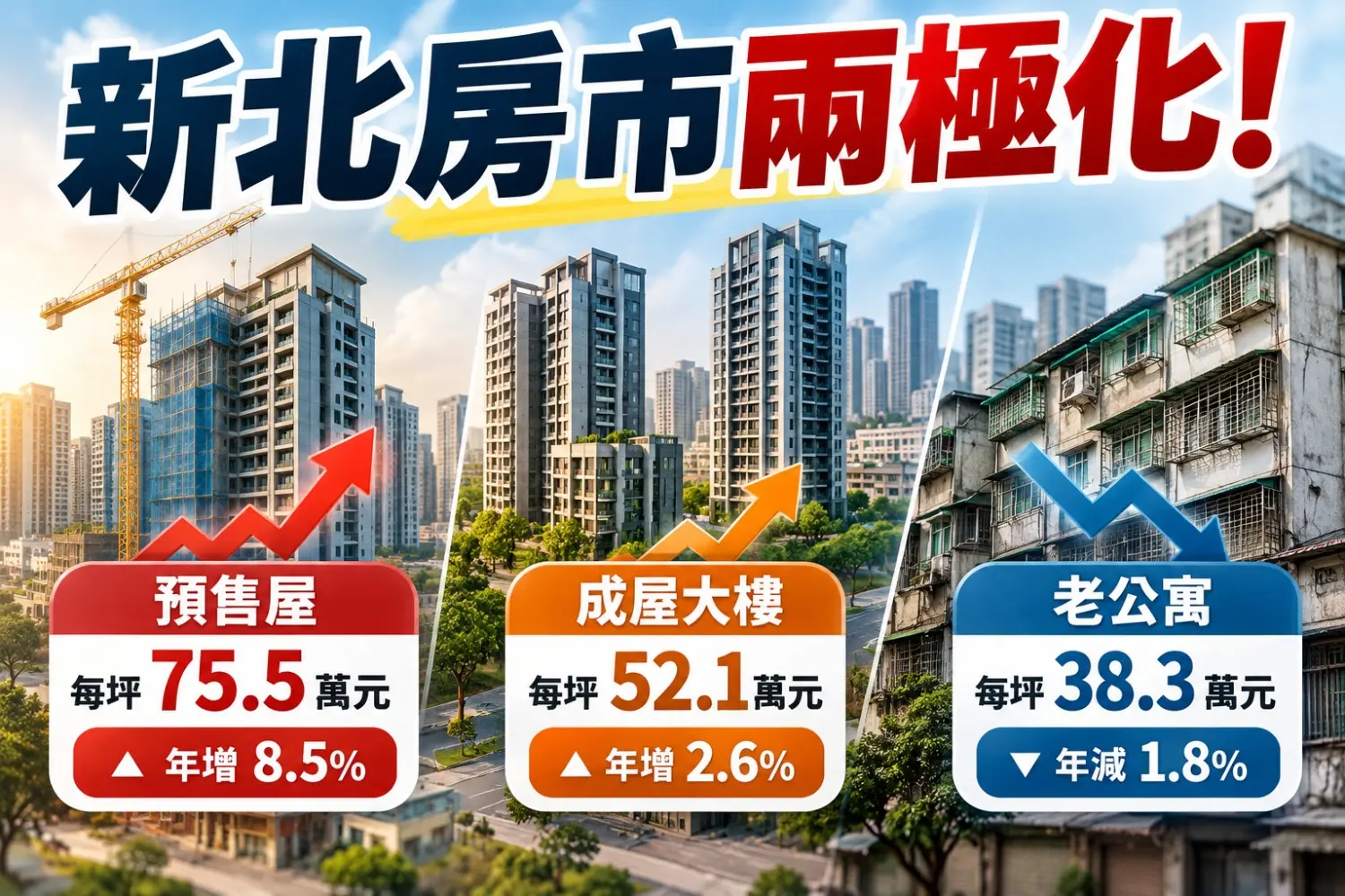 新北房市兩極化！預售屋年漲8.5%、老公寓逆勢跌1.8%