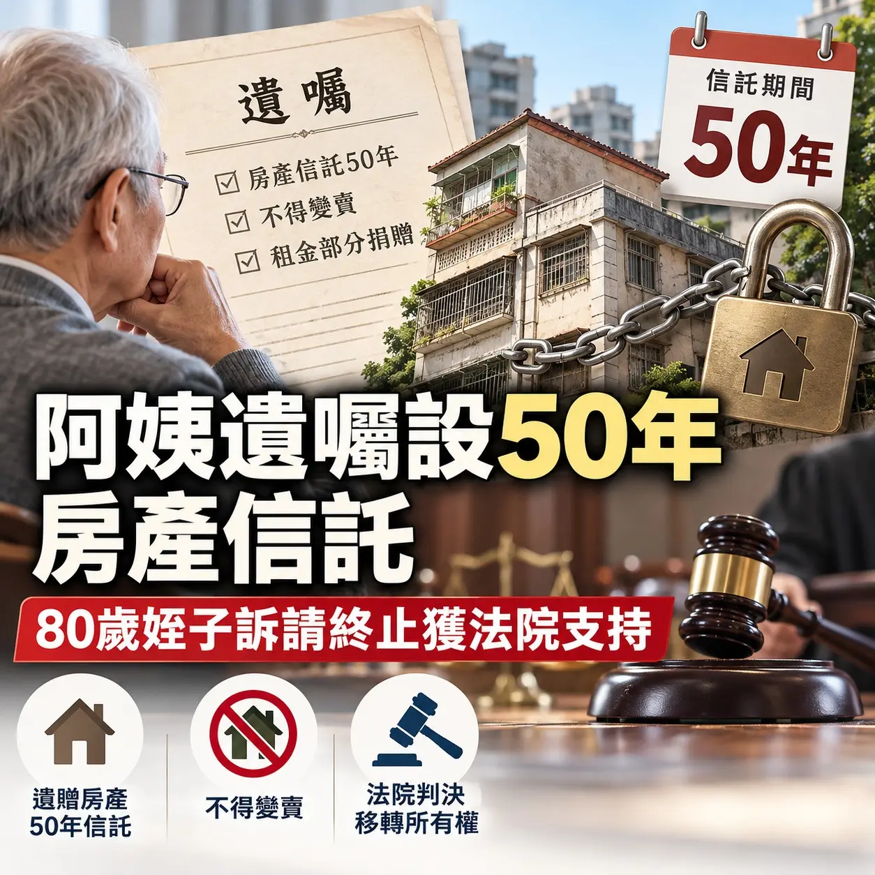 阿姨遺囑設50年房產信託　80歲姪子訴請終止獲法院支持