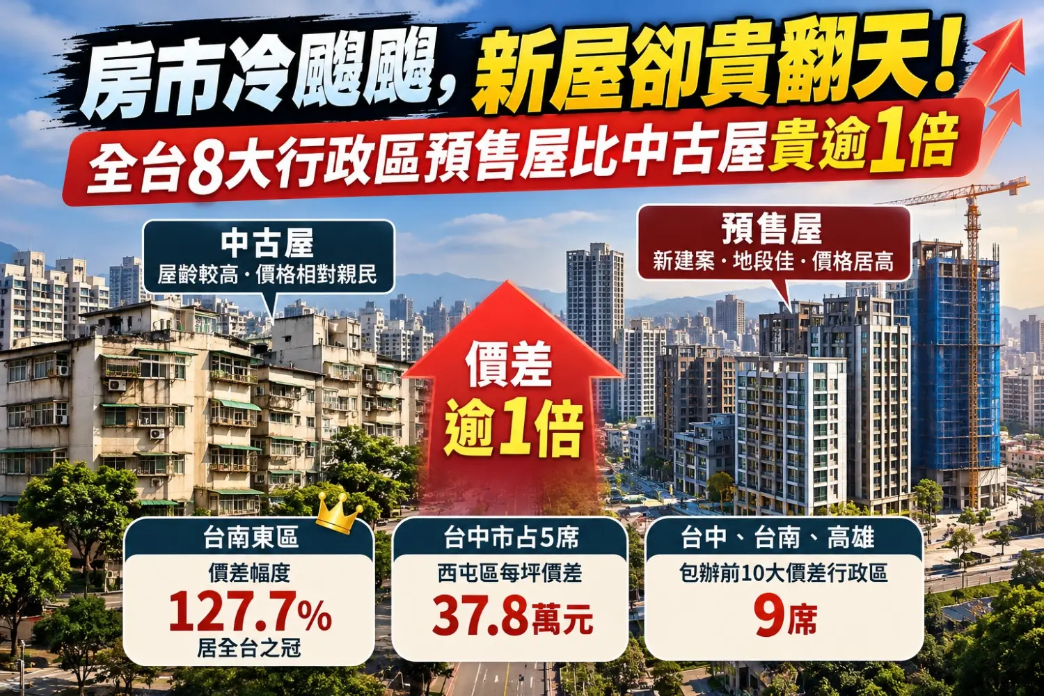 房市冷颼颼，新屋卻貴翻天！全台8大行政區預售屋比中古屋貴逾1倍
